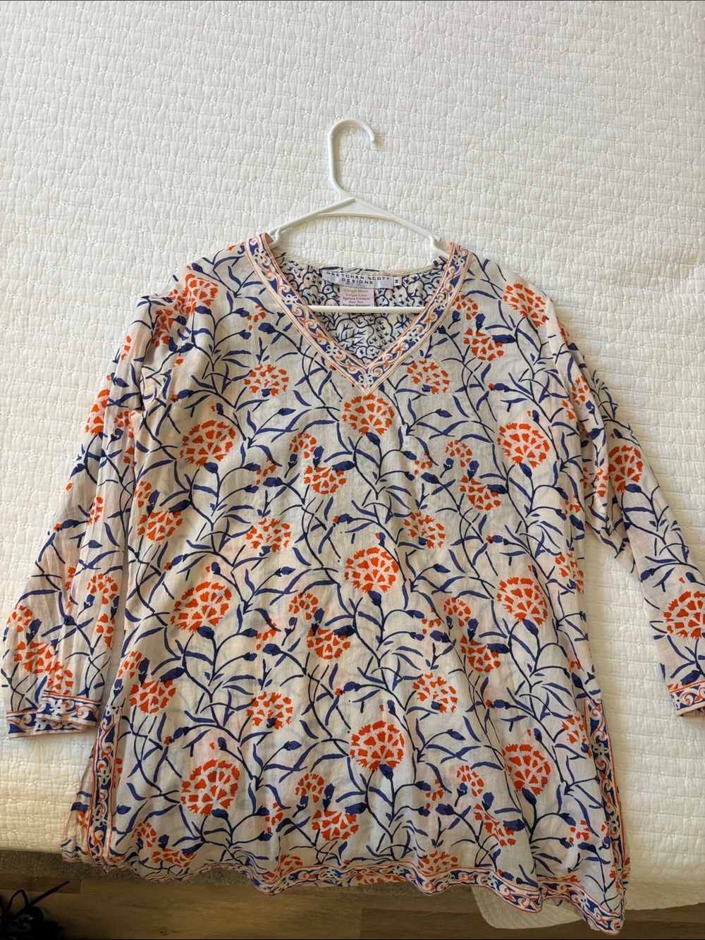 Gretchen Scott Designs Cream Tunic with Orange and Navy Floral Print. Size M